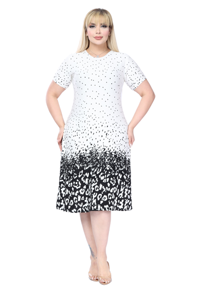 Melsay Butik Beyaz Puanlı Leopar Desen A Kesim Midi Elbise