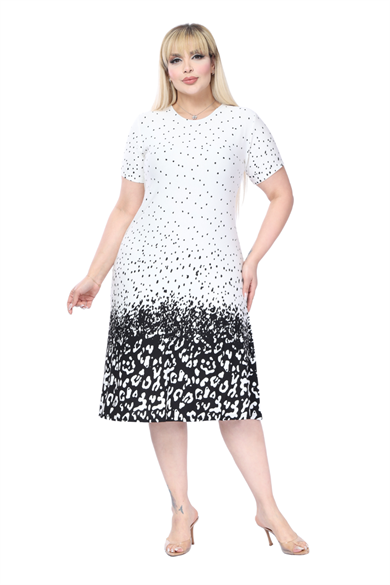 Melsay Butik Beyaz Puanlı Leopar Desen A Kesim Midi Elbise