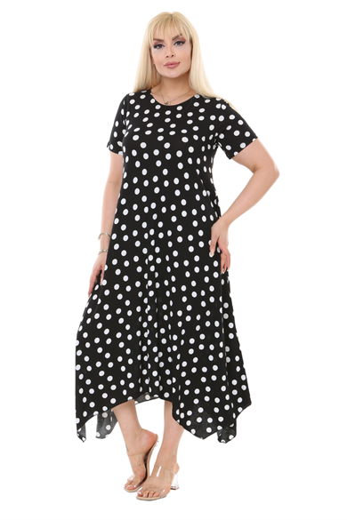 Melsay Butik Beyaz Puantiye Desen Asimetrik Kısa Kollu Elbise