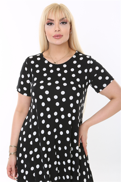 Melsay Butik Beyaz Puantiye Desen Asimetrik Kısa Kollu Elbise