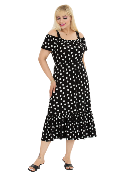 Melsay Butik Beyaz Puantiye Desen Madonna Yaka Askılı Midi Elbise