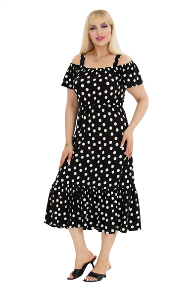 Melsay Butik Beyaz Puantiye Desen Madonna Yaka Askılı Midi Elbise