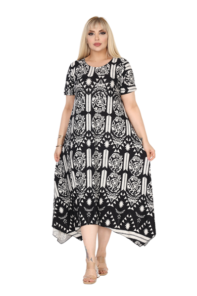 Melsay Butik Beyaz Retro Desen Asimetrik Kısa Kollu Elbise