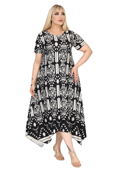 Melsay Butik Beyaz Retro Desen Asimetrik Kısa Kollu Elbise