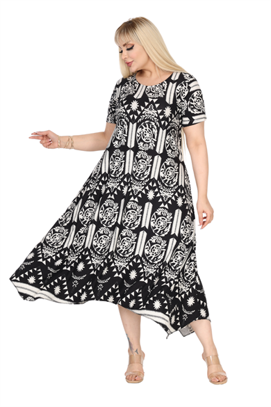 Melsay Butik Beyaz Retro Desen Asimetrik Kısa Kollu Elbise