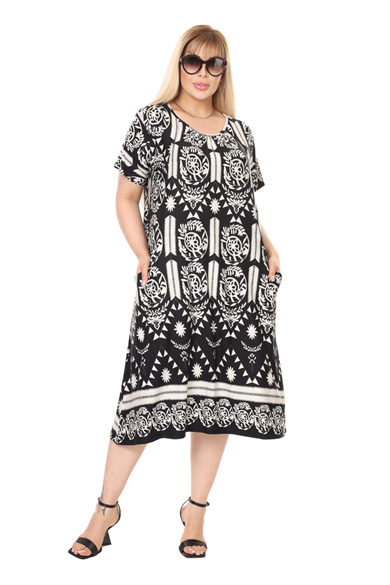 Melsay Butik Beyaz Retro Desen Kuplu Cepli Kısa Kol Kadın Midi Elbise