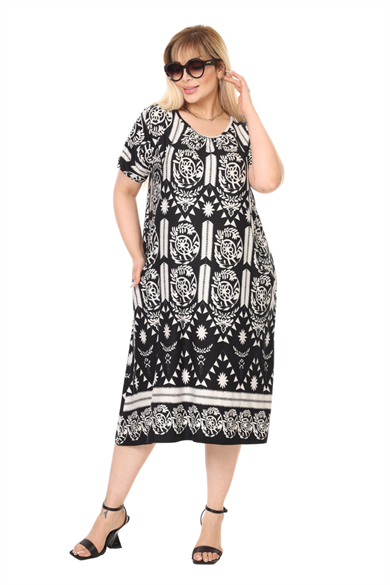 Melsay Butik Beyaz Retro Desen Kuplu Cepli Kısa Kol Kadın Midi Elbise
