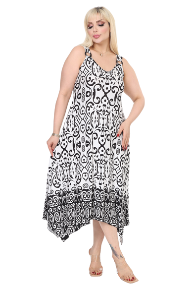 Melsay Butik Beyaz Siyah Kilim Desen Askılı V Yaka Elbise