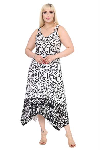 Melsay Butik Beyaz Siyah Kilim Desen Askılı V Yaka Elbise