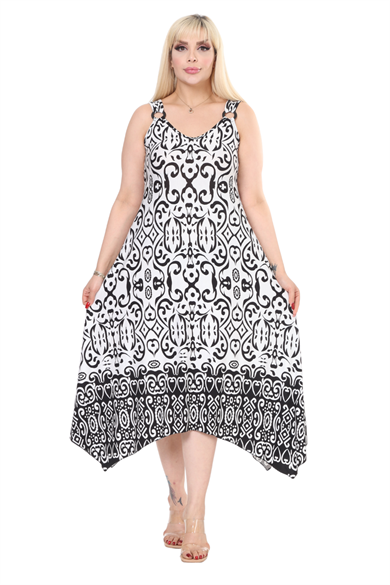 Melsay Butik Beyaz Siyah Kilim Desen Askılı V Yaka Elbise
