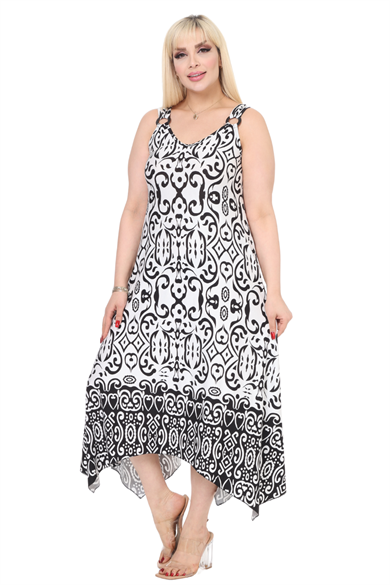 Melsay Butik Beyaz Siyah Kilim Desen Askılı V Yaka Elbise