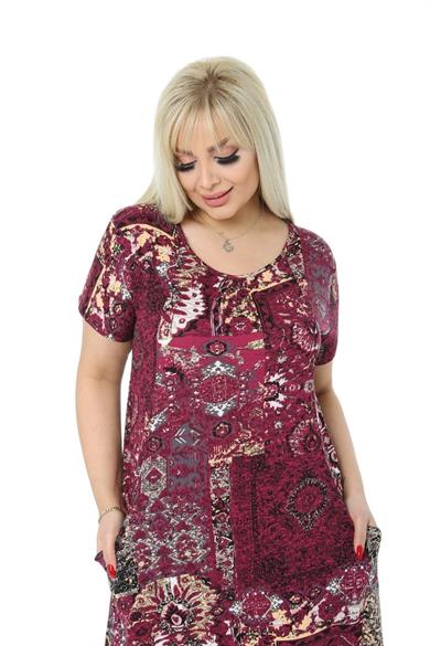 Melsay Butik Bordo Etnik Kuplu Cepli Kısa Kol Kadın Midi Elbise