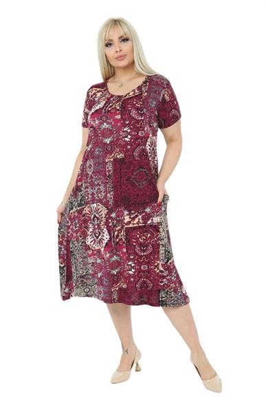 Melsay Butik Bordo Etnik Kuplu Cepli Kısa Kol Kadın Midi Elbise