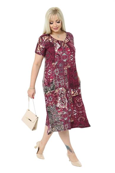 Melsay Butik Bordo Etnik Kuplu Cepli Kısa Kol Kadın Midi Elbise