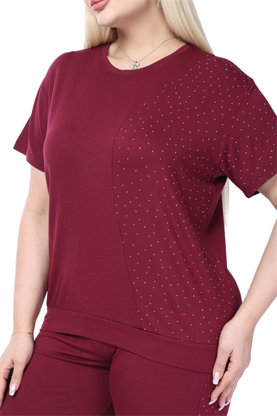 Melsay Butik Bordo Kısa Kollu Yarım Taş Baskılı Viskon Kapri Takım