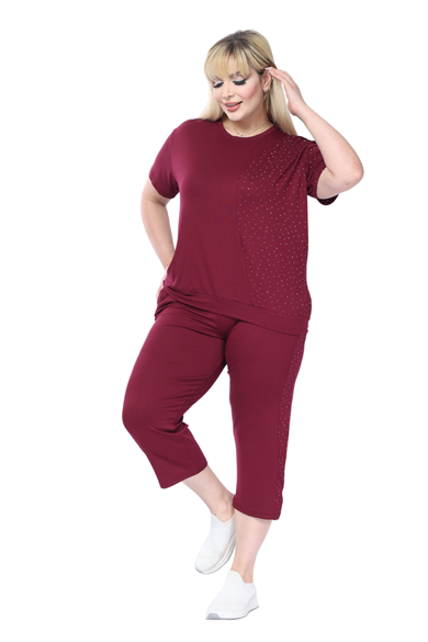 Melsay Butik Bordo Kısa Kollu Yarım Taş Baskılı Viskon Kapri Takım