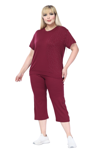 Melsay Butik Bordo Kısa Kollu Yarım Taş Baskılı Viskon Kapri Takım