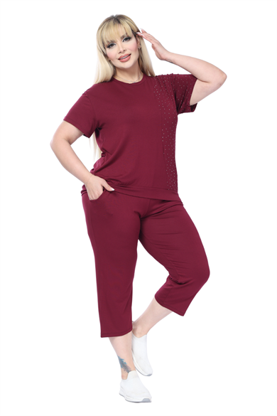 Melsay Butik Bordo Kısa Kollu Yarım Taş Baskılı Viskon Kapri Takım