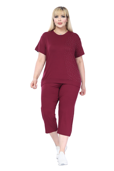 Melsay Butik Bordo Kısa Kollu Yarım Taş Baskılı Viskon Kapri Takım