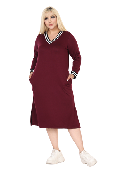 Melsay Butik Bordo Yakası Şeritli V Yaka Uzun Kol İki İplik Elbise