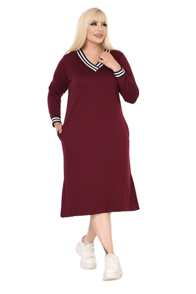 Melsay Butik Bordo Yakası Şeritli V Yaka Uzun Kol İki İplik Elbise
