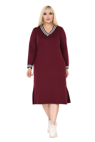 Melsay Butik Bordo Yakası Şeritli V Yaka Uzun Kol İki İplik Elbise