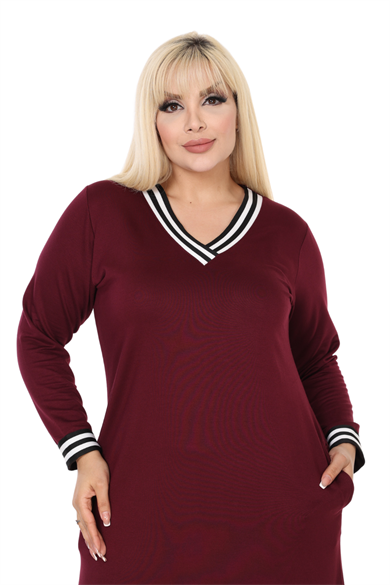 Melsay Butik Bordo Yakası Şeritli V Yaka Uzun Kol İki İplik Elbise