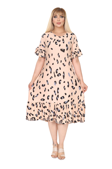 Melsay Butik Büyük Beden Eteği Fırfırlı Bej Leopar Desen Cepli Elbise