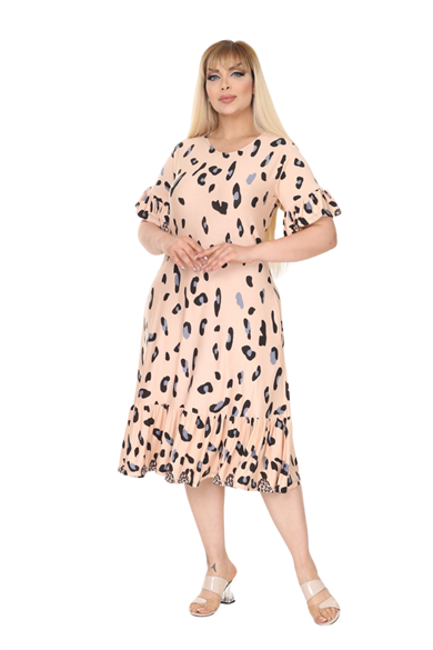 Melsay Butik Büyük Beden Eteği Fırfırlı Bej Leopar Desen Cepli Elbise