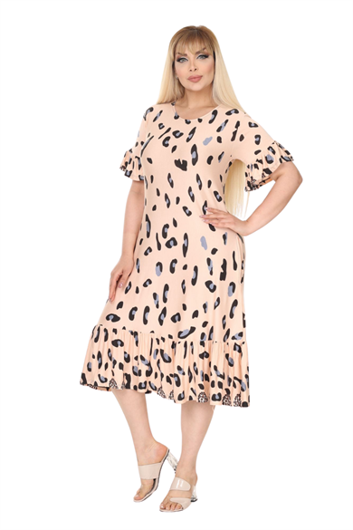 Melsay Butik Büyük Beden Eteği Fırfırlı Bej Leopar Desen Cepli Elbise