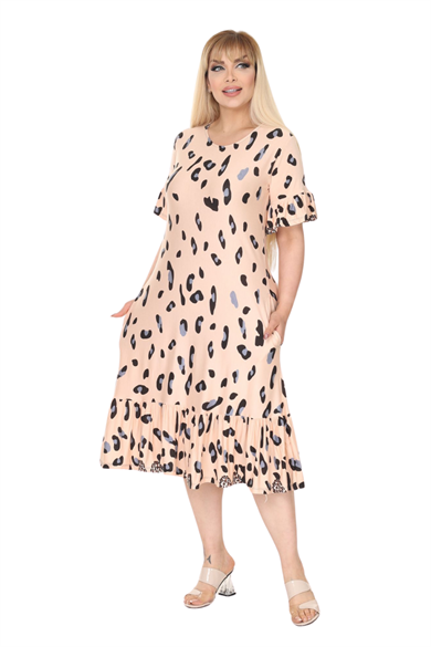 Melsay Butik Büyük Beden Eteği Fırfırlı Bej Leopar Desen Cepli Elbise