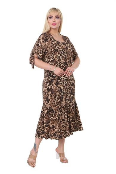 Melsay Butik Büyük Leopar Bağlamalı Kısa Kollu Kadın Midi Elbise