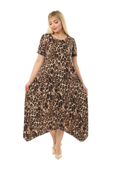 Melsay Butik Büyük Leopar Desen Asimetrik Kısa Kollu Uzun Elbise
