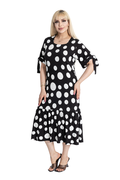 Melsay Butik Büyük Puanlı Kolları Bağlamalı Kısa Kollu Kadın Midi Elbise