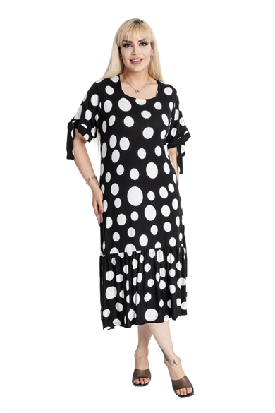 Melsay Butik Büyük Puanlı Kolları Bağlamalı Kısa Kollu Kadın Midi Elbise