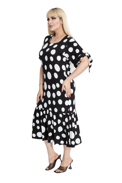 Melsay Butik Büyük Puanlı Kolları Bağlamalı Kısa Kollu Kadın Midi Elbise