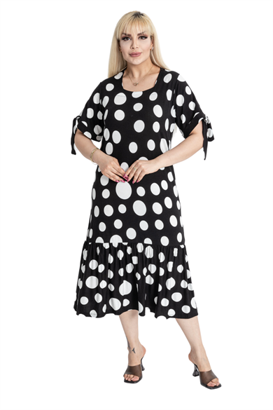 Melsay Butik Büyük Puanlı Kolları Bağlamalı Kısa Kollu Kadın Midi Elbise