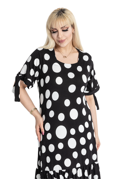 Melsay Butik Büyük Puanlı Kolları Bağlamalı Kısa Kollu Kadın Midi Elbise