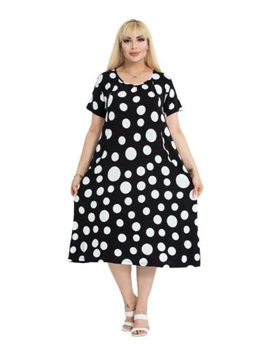 Melsay Butik Büyük Puanlı Kuplu Cepli Kısa Kollu Kadın Midi Elbise