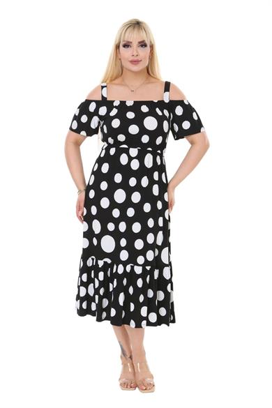 Melsay Butik Büyük Puanlı Madonna Yaka Askılı Midi Elbise