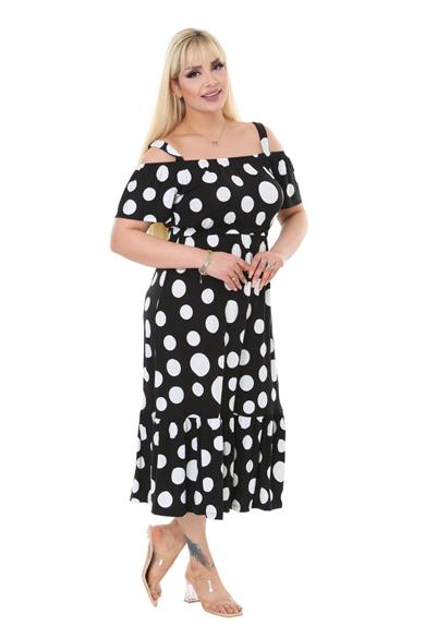 Melsay Butik Büyük Puanlı Madonna Yaka Askılı Midi Elbise