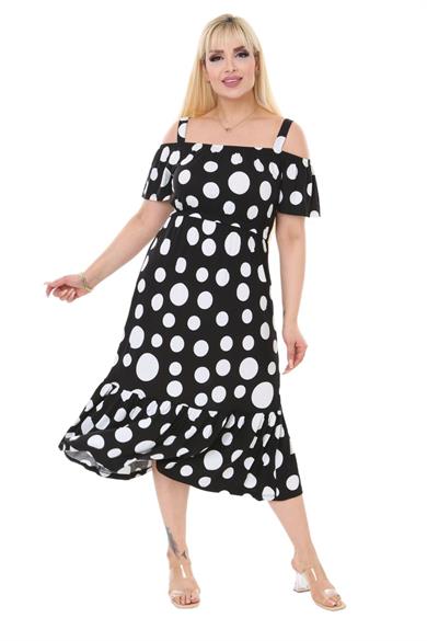 Melsay Butik Büyük Puanlı Madonna Yaka Askılı Midi Elbise