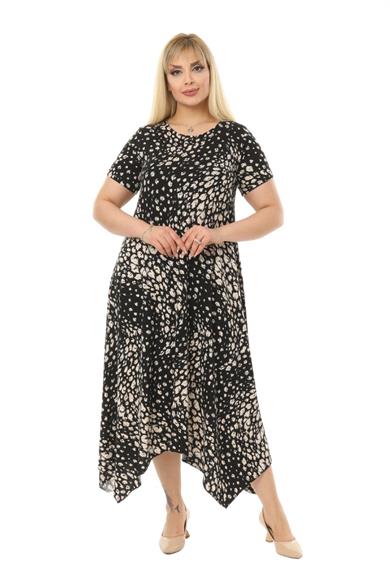 Melsay Butik Çakıltaşı Desen Asimetrik Kısa Kollu Uzun Elbise