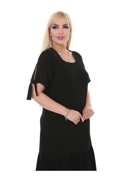 Melsay Butik Düz Siyah Bağlamalı Kısa Kollu Kadın Midi Elbise
