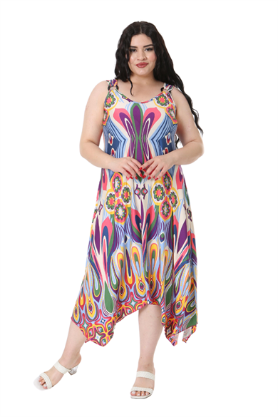 Melsay Butik Ekru Mavi Desenli Askılı V Yaka Elbise