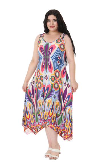 Melsay Butik Ekru Mavi Desenli Askılı V Yaka Elbise