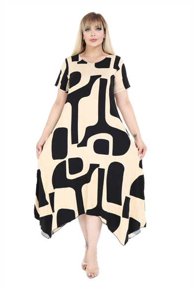 Melsay Butik Ekru Picasso Desen Asimetrik Kısa Kollu Elbise