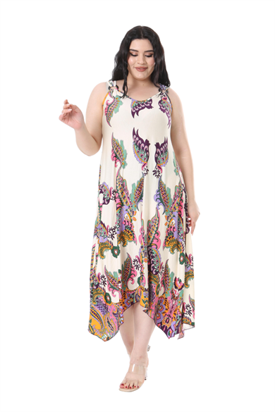 Melsay Butik Ekru Renkli Şal Desenli Askılı V Yaka Elbise