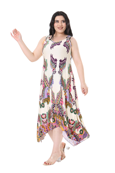 Melsay Butik Ekru Renkli Şal Desenli Askılı V Yaka Elbise