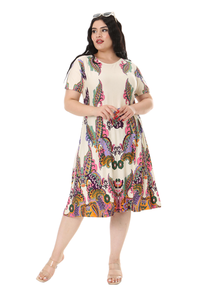 Melsay Butik Ekru Şal Desen Kısa Kollu Büyük Beden Midi Elbise